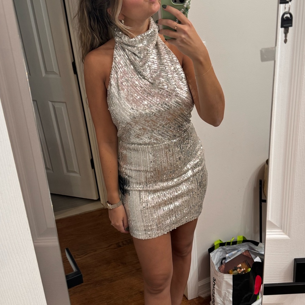 NWT Sequin Halter Backless Mini-Dress - Picture 5 of 6